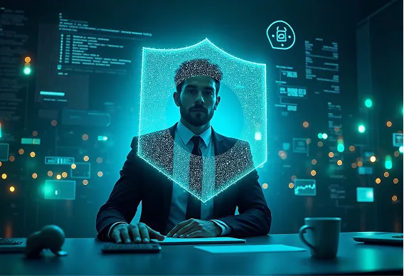 Data center trading floor with digital security overlay representing CMMC protection